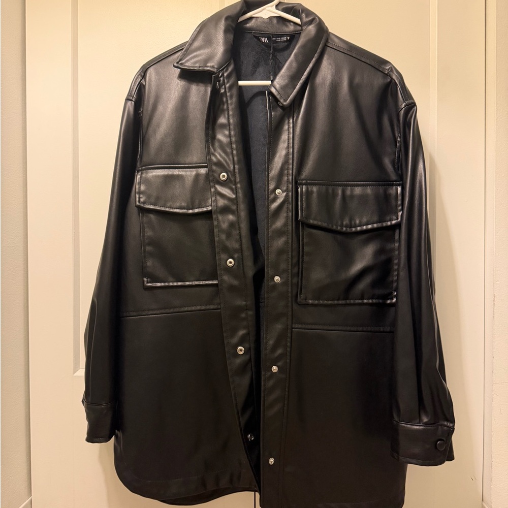 Zara Black Faux Leather Shirt Jacket
